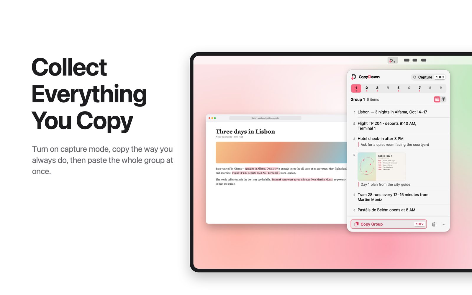 CopyDown collecting text and a screenshot from a travel article into Group 1