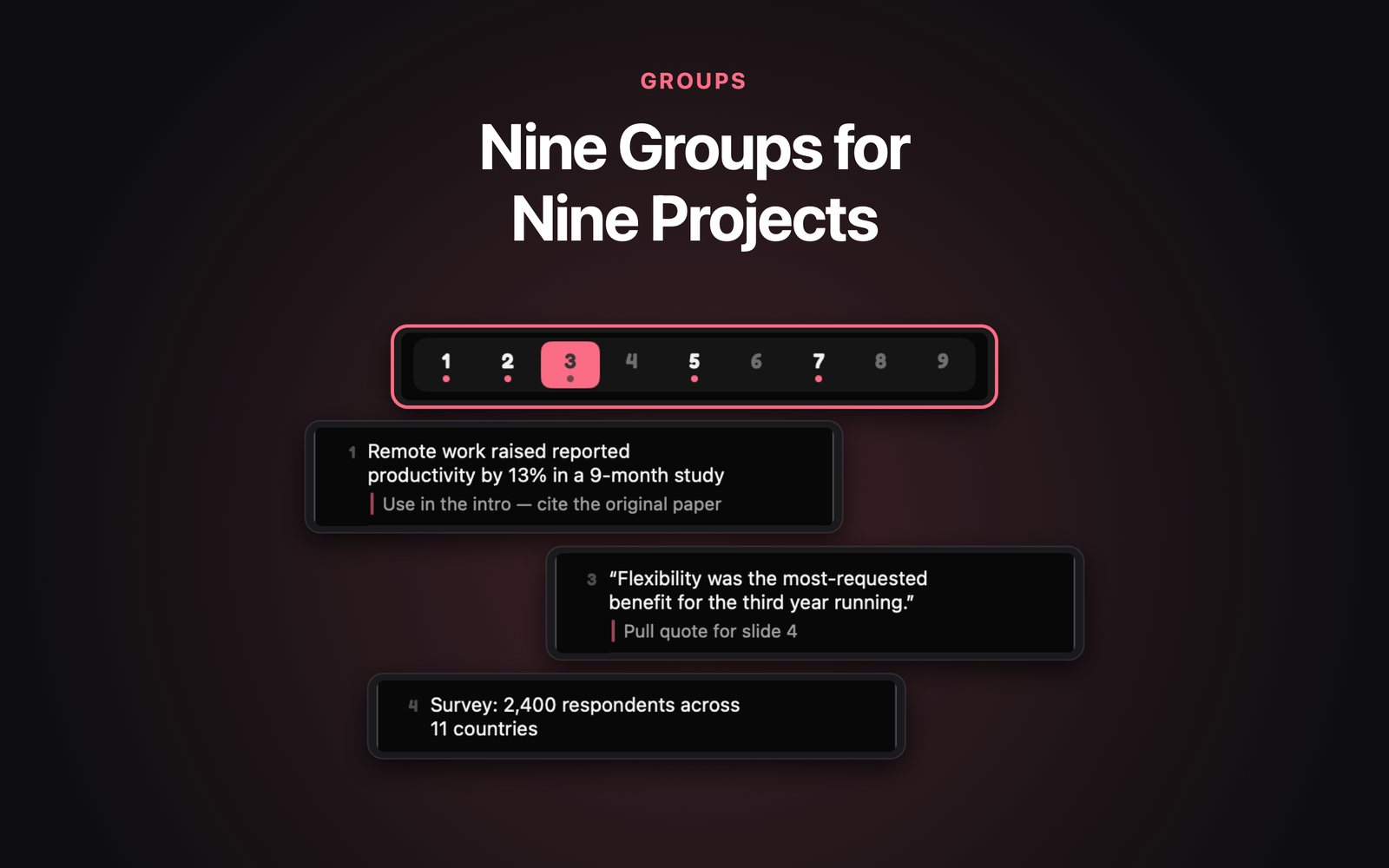 Nine groups for nine projects