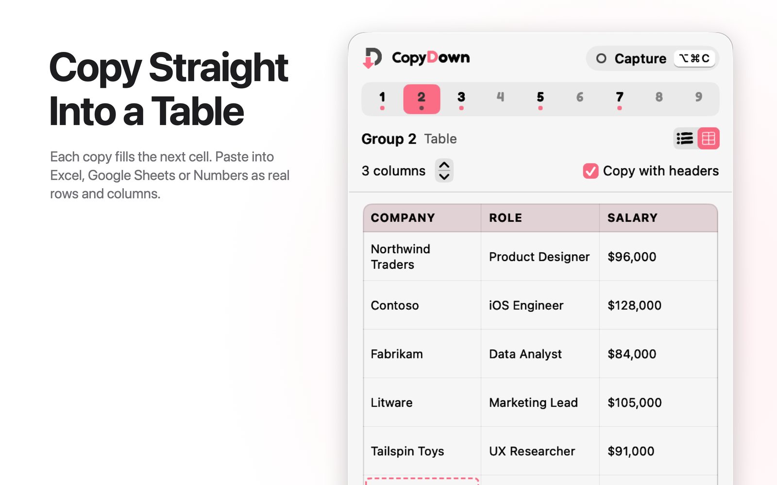 Copy straight into a table