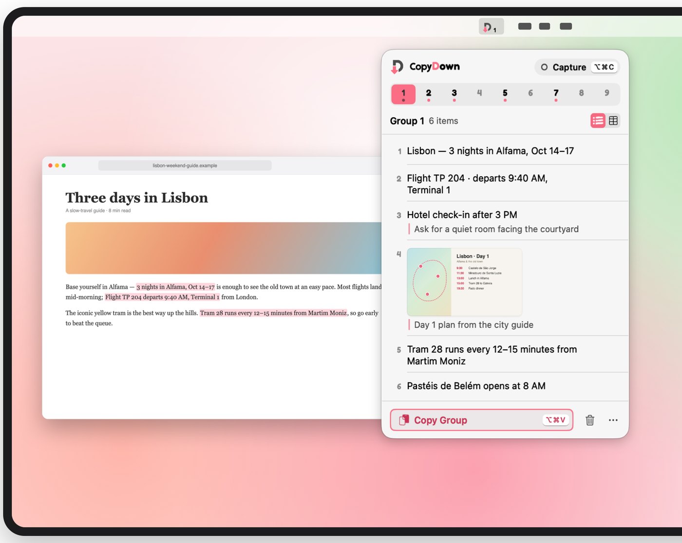 CopyDown collecting six items, including a screenshot of a day plan, from a Lisbon travel article