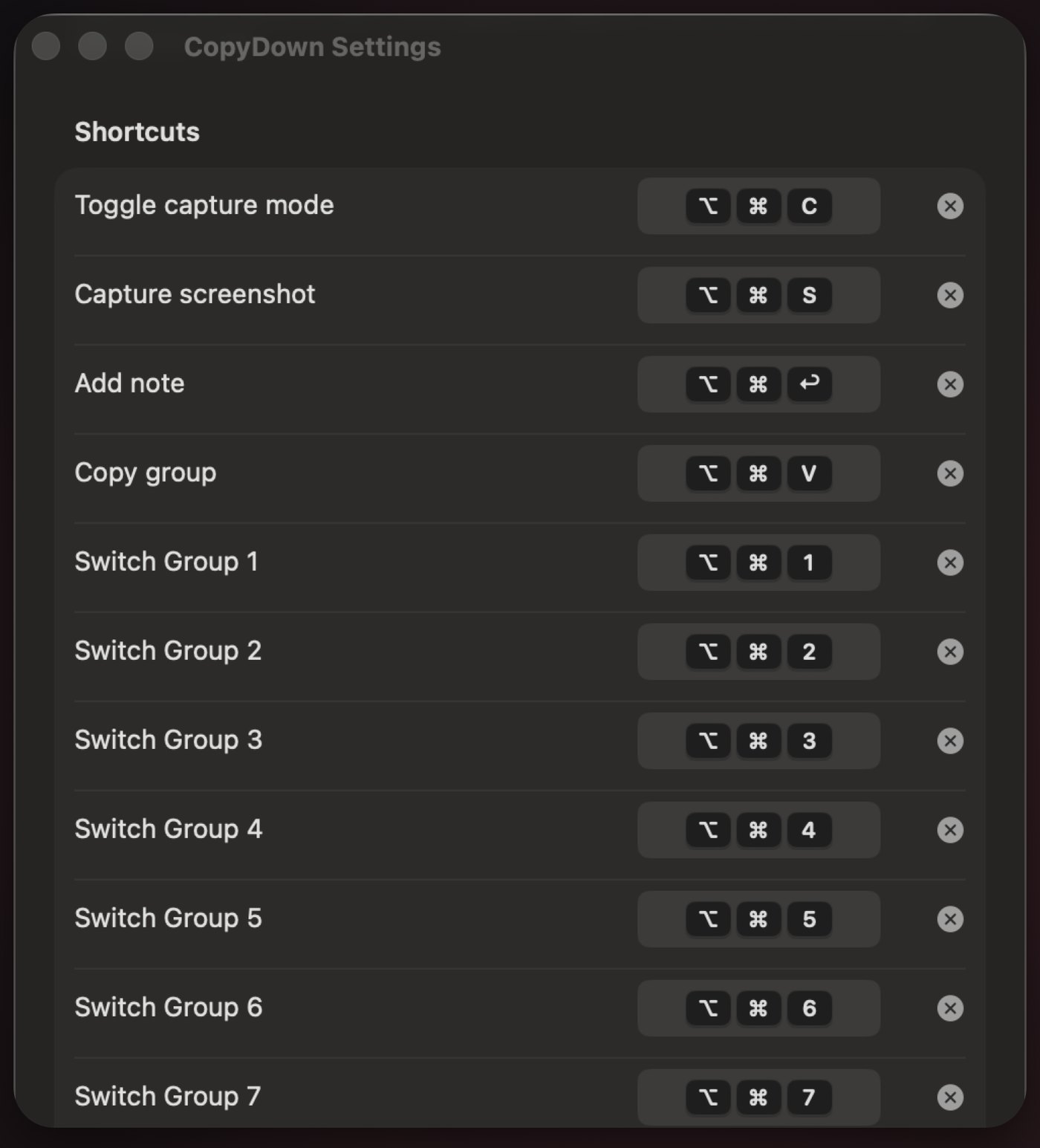 CopyDown Settings window listing customizable shortcuts